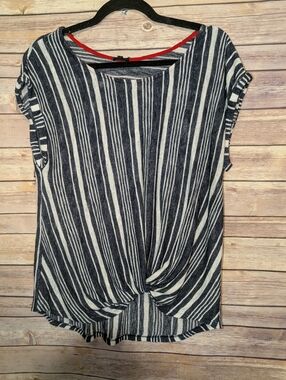 Striped Twist Front Top Short Sleeve Blue White Blouse Casual Lightweight Sz. M